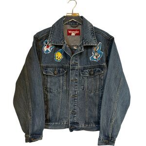 Upcycled Looney Toons Jean Jacket Back Hit Patch Wrangler Sz M Bugs @1993 H2